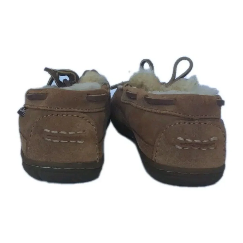 LL Bean Wicked Good Camp Moccasins  Big Girls 2 Shearling Fur Slippers Tan